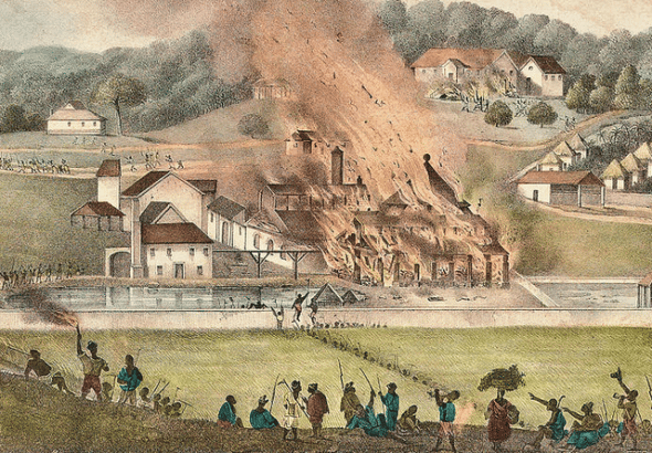 Image of burning plantation during the 1831 rebellion led by Sam Sharpe in Jamaica.