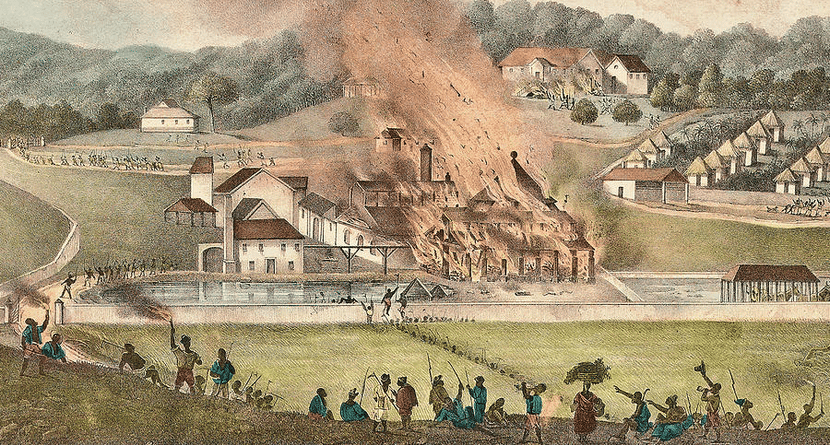 Image of burning plantation during the 1831 rebellion led by Sam Sharpe in Jamaica.