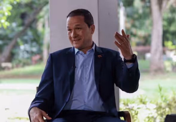 Venezuelan Minister for Foreign Affairs Carlos Faría during an interview TV show "Aqui con Ernesto Villegas." Photo: Alba Ciudad.