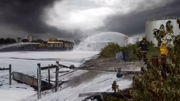 Efforts to extinguish the fire at the Puerto La Cruz refinery. Photo: Alba Ciudad.