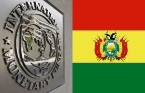 Image divided in two parts, on the left side the IMF emblem and on the right side the flag of Bolivia. Photo: Kawsachun News.