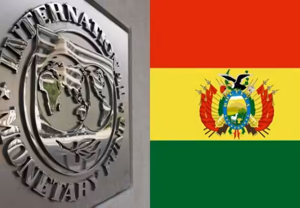 Image divided in two parts, on the left side the IMF emblem and on the right side the flag of Bolivia. Photo: Kawsachun News.
