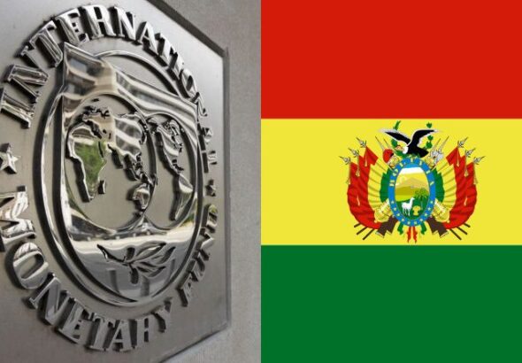 Image divided in two parts, on the left side the IMF emblem and on the right side the flag of Bolivia. Photo: Kawsachun News.