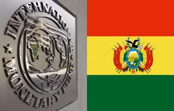 Image divided in two parts, on the left side the IMF emblem and on the right side the flag of Bolivia. Photo: Kawsachun News.
