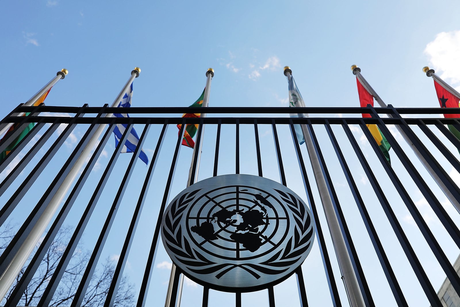 UN emblem on the fence of the United Nations headquarters in New York, with some flags in the background. Photo: United Nations.
