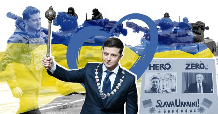 Photo composition showing Ukrainian president, Vladimir Zemensky holding a baton with a blue heart behind him and a banner next to him comparing him with Vladimir Putin and showing him as a hero. Photo: metro.co.uk