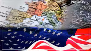 Composition of image showing in a circle in the upper part Central Europe indicated in a circle on a map and in the lower part the US flag. Photo: PressTV.