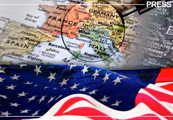 Composition of image showing in a circle in the upper part Central Europe indicated in a circle on a map and in the lower part the US flag. Photo: PressTV.