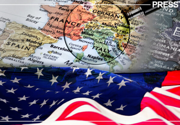 Composition of image showing in a circle in the upper part Central Europe indicated in a circle on a map and in the lower part the US flag. Photo: PressTV.