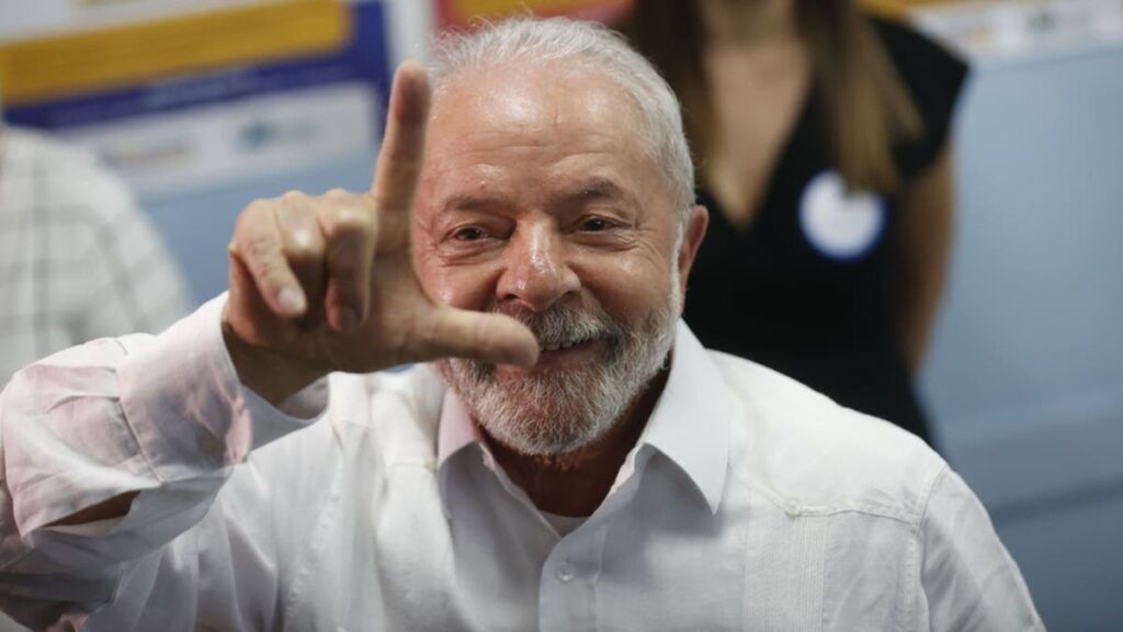 President-elect of Brazil Luiz Ignacio Lula Da Silva, doing the Lula hand sign a few moments after casting his vote in the second round of Brazilian presidential elections. Photo: BBC.