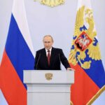 Vladimir Putin's during his speech on the occasion of signing the treaties on the accession of the DPR, LPR, Zaporozhye and Kherson regions to Russia. Photo: Grigoriy Sisoev, RIA Novosti.