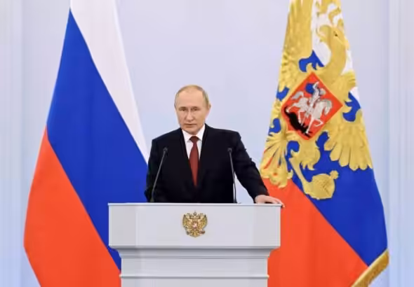 Vladimir Putin's during his speech on the occasion of signing the treaties on the accession of the DPR, LPR, Zaporozhye and Kherson regions to Russia. Photo: Grigoriy Sisoev, RIA Novosti.