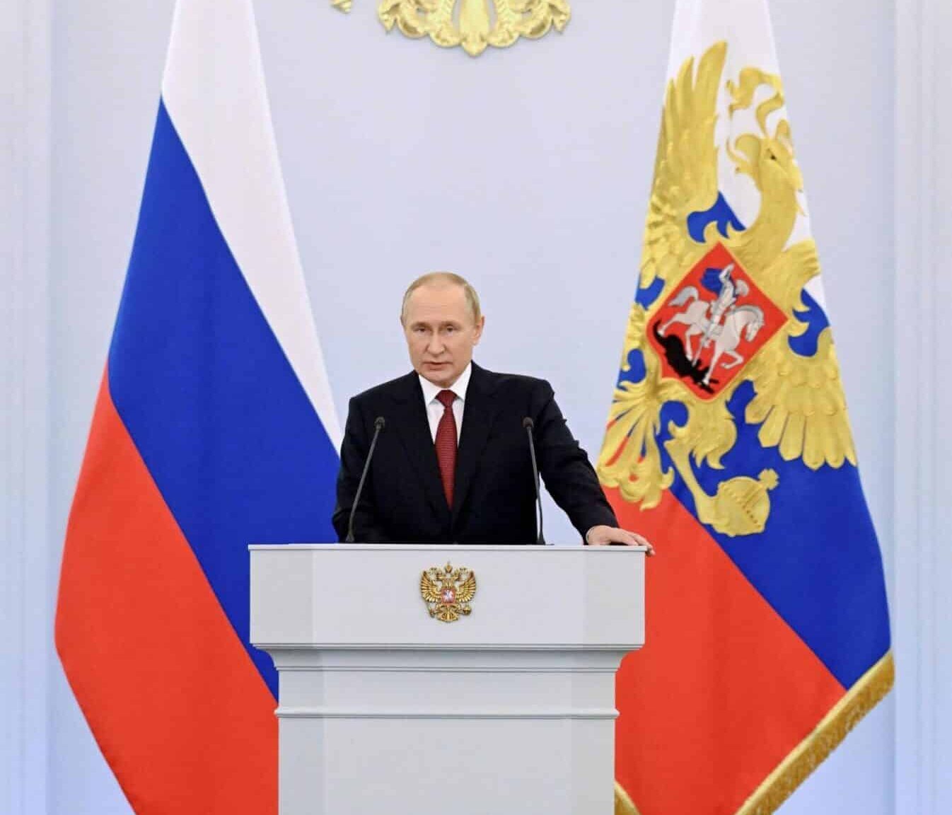 Vladimir Putin's during his speech on the occasion of signing the treaties on the accession of the DPR, LPR, Zaporozhye and Kherson regions to Russia. Photo: Grigoriy Sisoev, RIA Novosti.