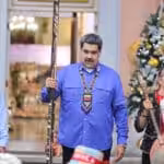 Venezuelan President Nicolas Maduro (center) flanked by Minister for Culture Ernesto Villegas (left) and his wife and Deputy Cilia Flores (right), during a meeting with indigenous leader at Miraflores Palace, Caracas, during the Indigenous Resistance Day. Photo: Presidential Press.