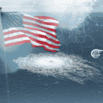 A US flag and an European transparent map overlapped over the image of the recent Nord Stream 2 sabotage site in the Baltic Sea. Photo: Al Mayadeen.