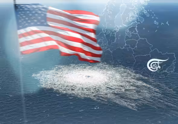 A US flag and an European transparent map overlapped over the image of the recent Nord Stream 2 sabotage site in the Baltic Sea. Photo: Al Mayadeen.