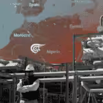 Photo composition: Man standing in front of a refinery together with the map of North Africa. Photo: Al Mayadeen.