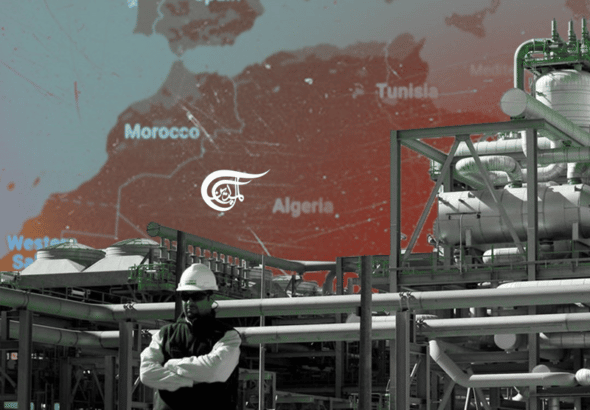 Photo composition: Man standing in front of a refinery together with the map of North Africa. Photo: Al Mayadeen.