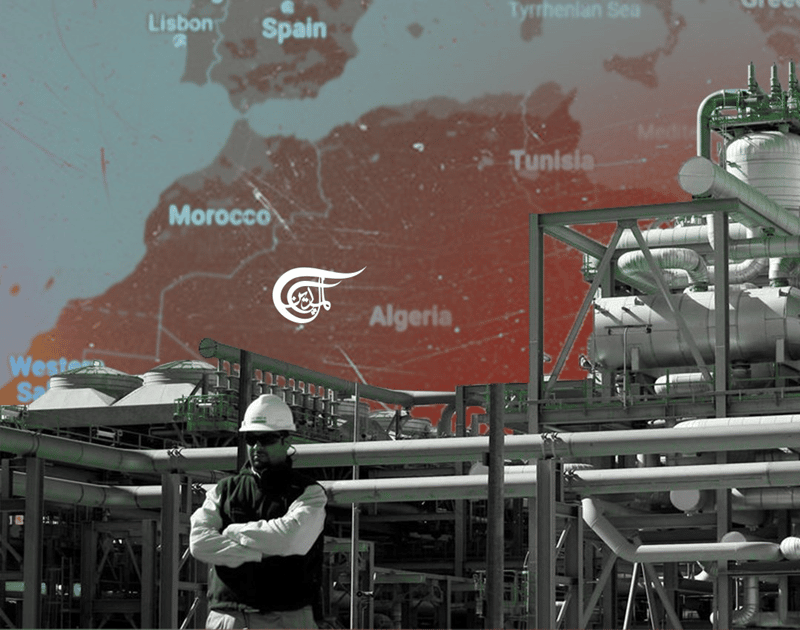 Photo composition: Man standing in front of a refinery together with the map of North Africa. Photo: Al Mayadeen.