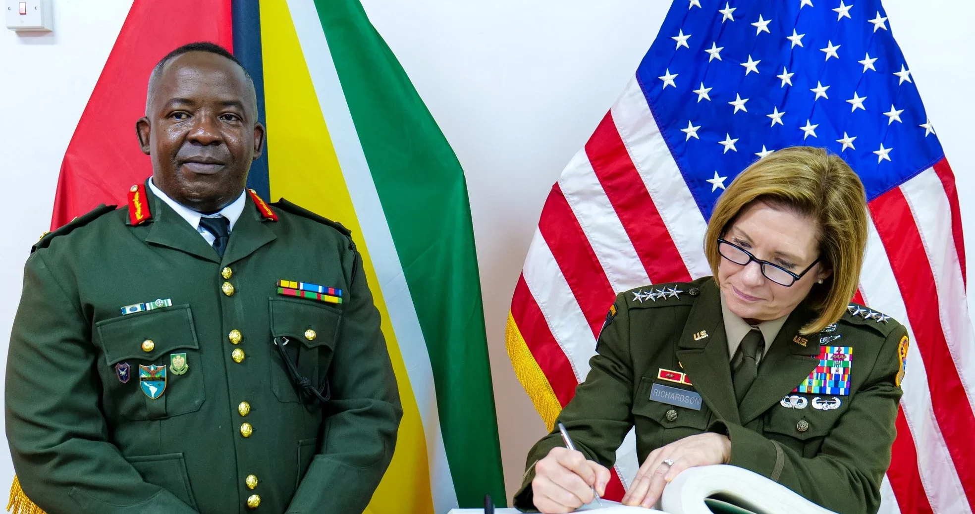 Guyana's Chief of Defense Staff, Brigadier Godfrey Bess (left), posing next to General Laura Richardson (right), head of the US Southern Command, during her visit to Guyana last August. Photo: US Secretary of Defense/File photo.