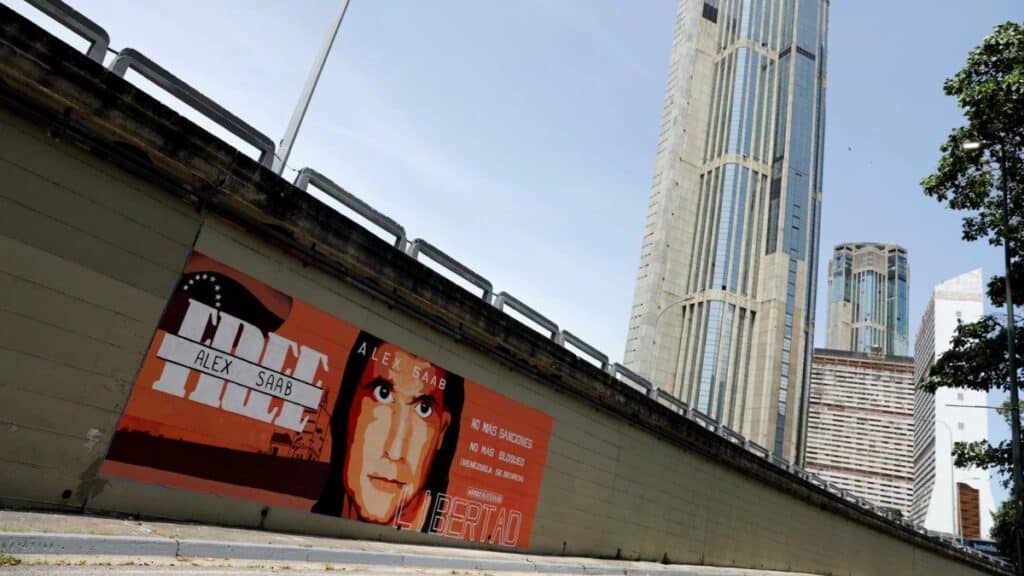 A #FreeAlexSaab banner in a Caracas street, with the Parque Central building in the background. Photo: Reuters.