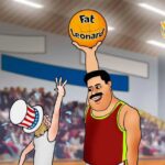 Cartoon portraying a tall President Maduro holding up hight a ball with a text that reads “Fat Leonard,” while a tinny player representing the US empire jumps trying to reach the ball, in a basketball court. Photo: Venezuela News/Vicman @vicmann_oficial.