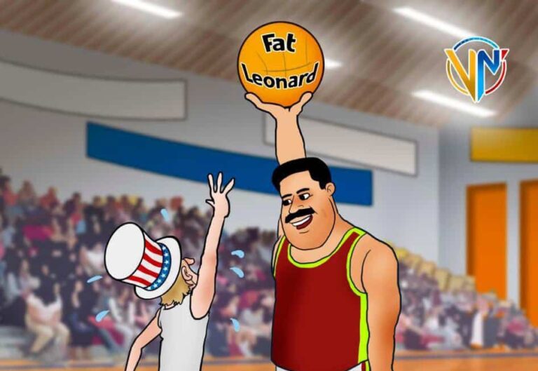 Cartoon portraying a tall President Maduro holding up hight a ball with a text that reads “Fat Leonard,” while a tinny player representing the US empire jumps trying to reach the ball, in a basketball court. Photo: Venezuela News/Vicman @vicmann_oficial.