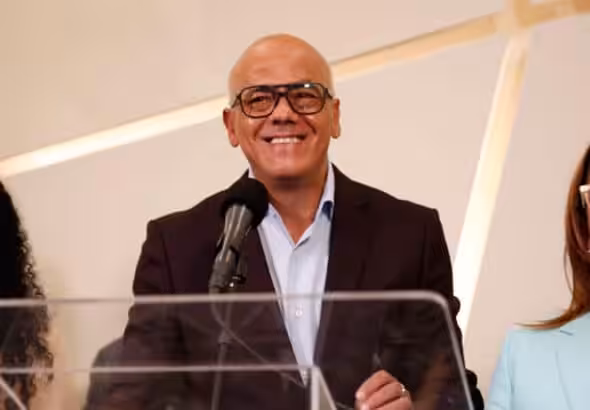 AN President Jorge Rodríguez standing at a podium. File photo.