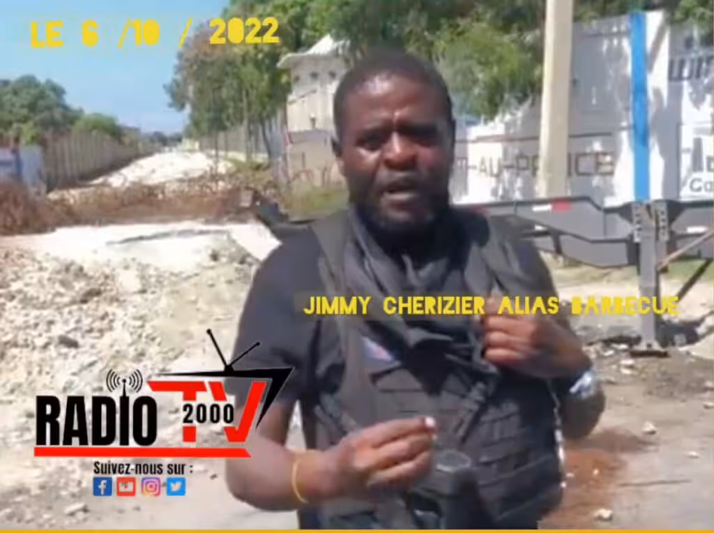 Jimmy “Barbecue” Cherizier speaking in a press conference in front of the Varreux Fuel Terminal on October 6, 2022.