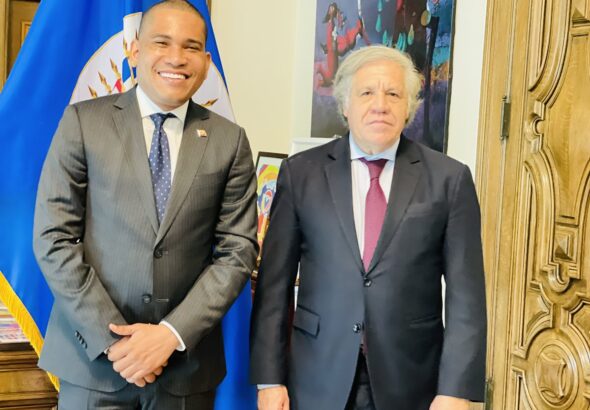 Venezuelan opposition's presidential hopeful Leocenis García (left) with OAS Secretary General Luis Almagro (right) in 2019, after Guaidó declared himself "interim president" of Venezuela. File photo.
