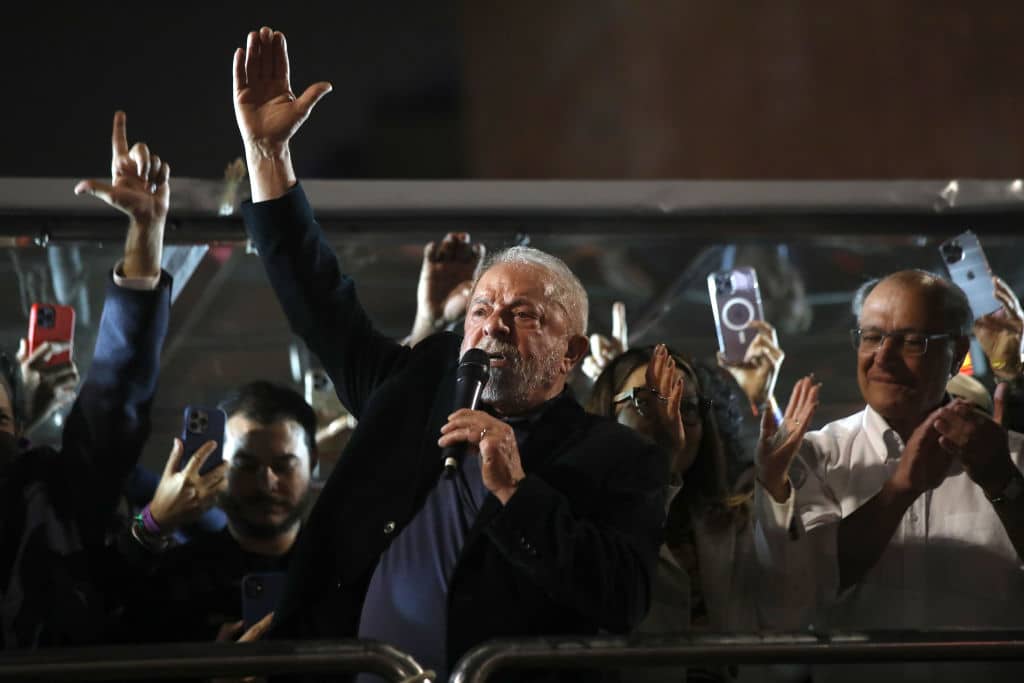 Former president of Brazil and candidate of Workers' Party (PT) Luiz Inacio Lula da Silva speaks to supporters at the end of the general election day at Paulista avenue on October 2, 2022 in São Paulo, Brazil. Photo: Rodrigo Paiva/Getty Images.