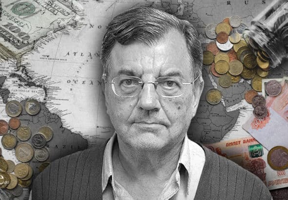 Photo Composition with Professor Michael Hudson (center), in the background, US dollars bills and coins over a map of America on the left and Russian Ruble bills and coins on the right. Photo: The Cradle.