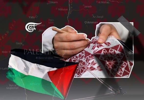 Palestinian embroidery art tatriz with the map of Palestine in the background. Photo: Al Mayadeen.