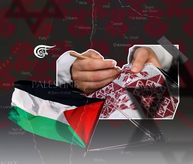 Palestinian embroidery art tatriz with the map of Palestine in the background. Photo: Al Mayadeen.