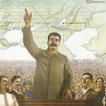 Poster titled "Forward to Communism" showing Stalin leading thousands of people. Photo: Russian State Library.