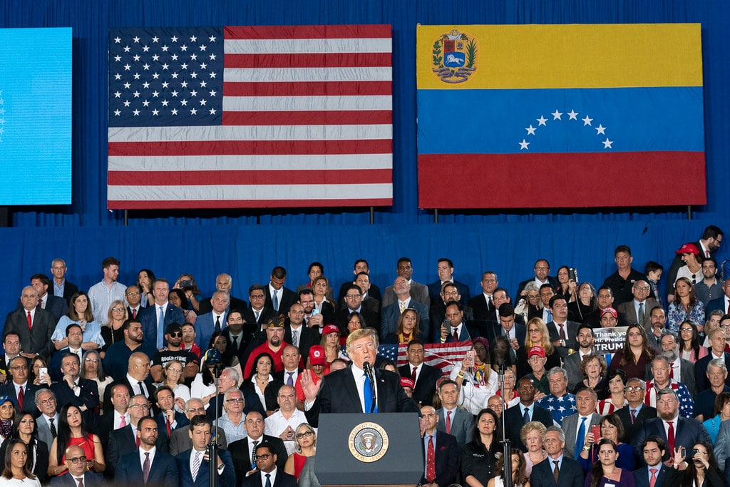 Former US President Donald J. Trump delivers a speech to the Venezuelan American community at the Florida International University Ocean Bank Convocation Center Monday, Feb. 18, 2019 in Miami, Florida. Photo: White House/Andrea Hanks.