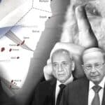 Photo composition: Front left to right, Yair Lapid Prime Minister of Israel, Nabih Berri Prime Minister of Lebanon, Michel Aoun President of Lebanon and Najib Mikati Speaker of the Parliament of Lebanon and Map of the disputed background border demarcation lines between Lebanon and Israel. Photo: The Cradle.