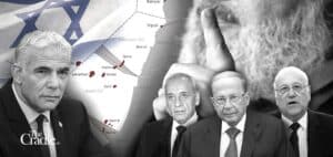 Photo composition: Front left to right, Yair Lapid Prime Minister of Israel, Nabih Berri Prime Minister of Lebanon, Michel Aoun President of Lebanon and Najib Mikati Speaker of the Parliament of Lebanon and Map of the disputed background border demarcation lines between Lebanon and Israel. Photo: The Cradle.