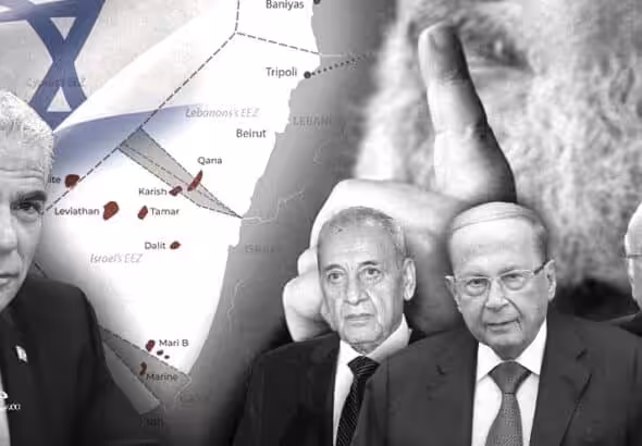 Photo composition: Front left to right, Yair Lapid Prime Minister of Israel, Nabih Berri Prime Minister of Lebanon, Michel Aoun President of Lebanon and Najib Mikati Speaker of the Parliament of Lebanon and Map of the disputed background border demarcation lines between Lebanon and Israel. Photo: The Cradle.
