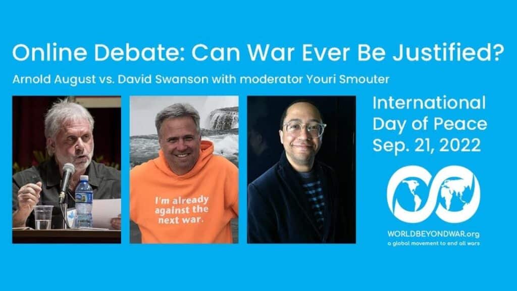 Webinar's poster with photos (from left to right) of Arnold August, David Swanson and Youri Muckraker. Photo: WorldBeyondWar.org.