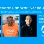 Webinar's poster with photos (from left to right) of Arnold August, David Swanson and Youri Muckraker. Photo: WorldBeyondWar.org.