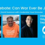 Webinar's poster with photos (from left to right) of Arnold August, David Swanson and Youri Muckraker. Photo: WorldBeyondWar.org.