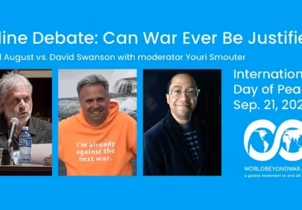 Webinar's poster with photos (from left to right) of Arnold August, David Swanson and Youri Muckraker. Photo: WorldBeyondWar.org.