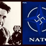 George Orwell juxtaposed with a NATO symbol highlighting the hidden swastika in its design. Photo: Rainer Shea.