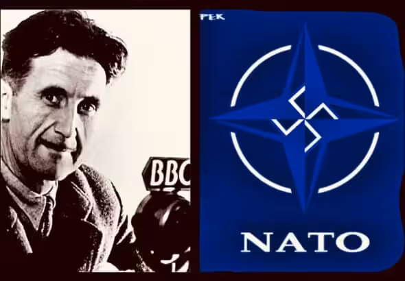 George Orwell juxtaposed with a NATO symbol highlighting the hidden swastika in its design. Photo: Rainer Shea.