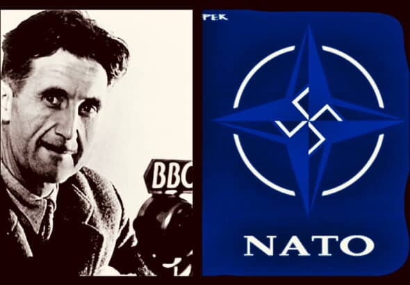 George Orwell juxtaposed with a NATO symbol highlighting the hidden swastika in its design. Photo: Rainer Shea.