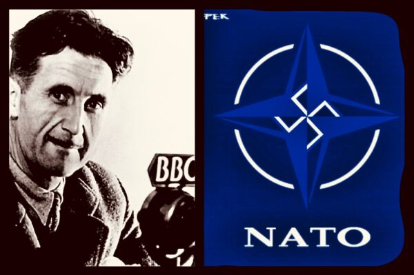 George Orwell juxtaposed with a NATO symbol highlighting the hidden swastika in its design. Photo: Rainer Shea.