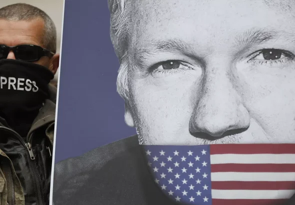 A photo of Julian Assange with his mouth covered by the US flag. Photo: AP Photo/Frank Augstein.