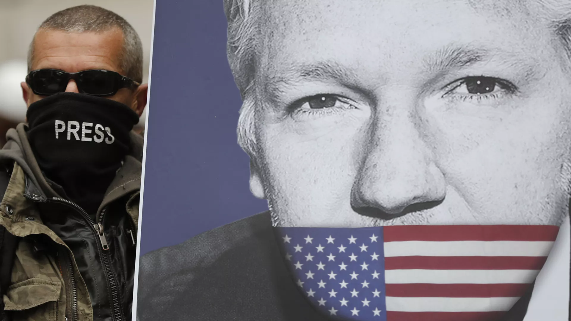 A photo of Julian Assange with his mouth covered by the US flag. Photo: AP Photo/Frank Augstein.