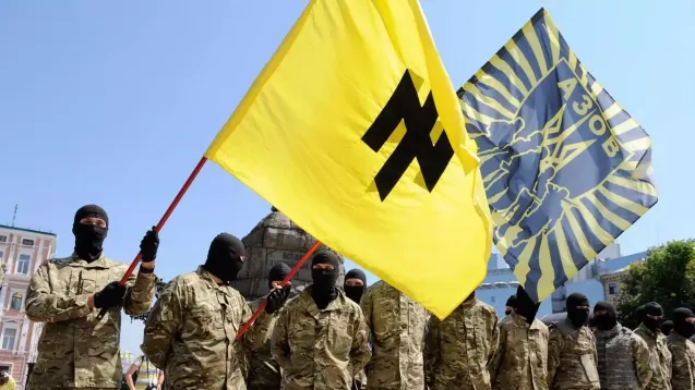 Azov battalion militants wearing military uniforms and balaclavas and holding Azov battalion flags. Photo: Sputnik/Alexander Maksimenko.